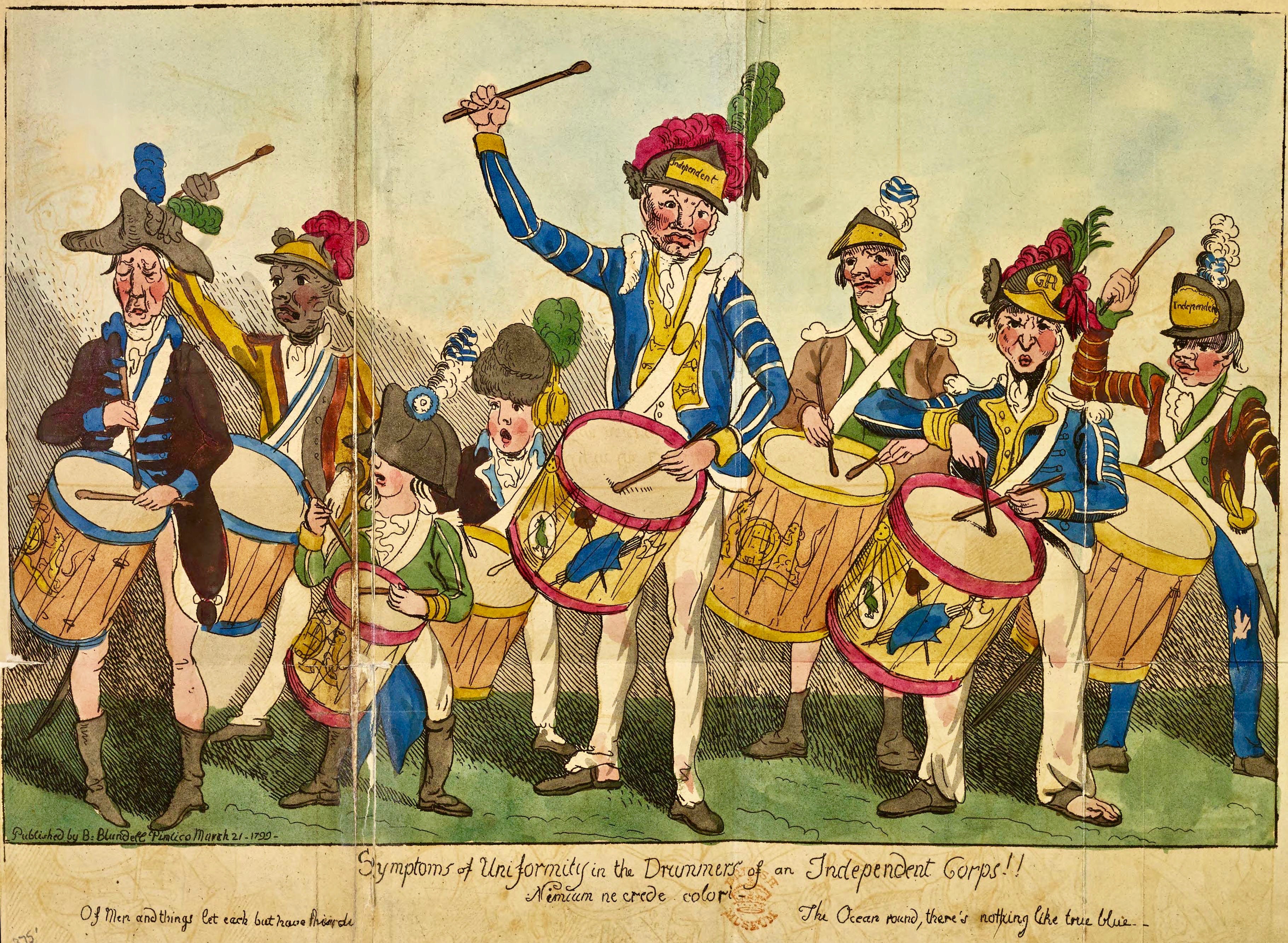 Symptoms of Uniformity in the Drummers of an Independent Corps from B. Blundell, The Rise, Progress, and Proceedings, of a Corps of Volunteers (London, 1799), British Library 2.jpg